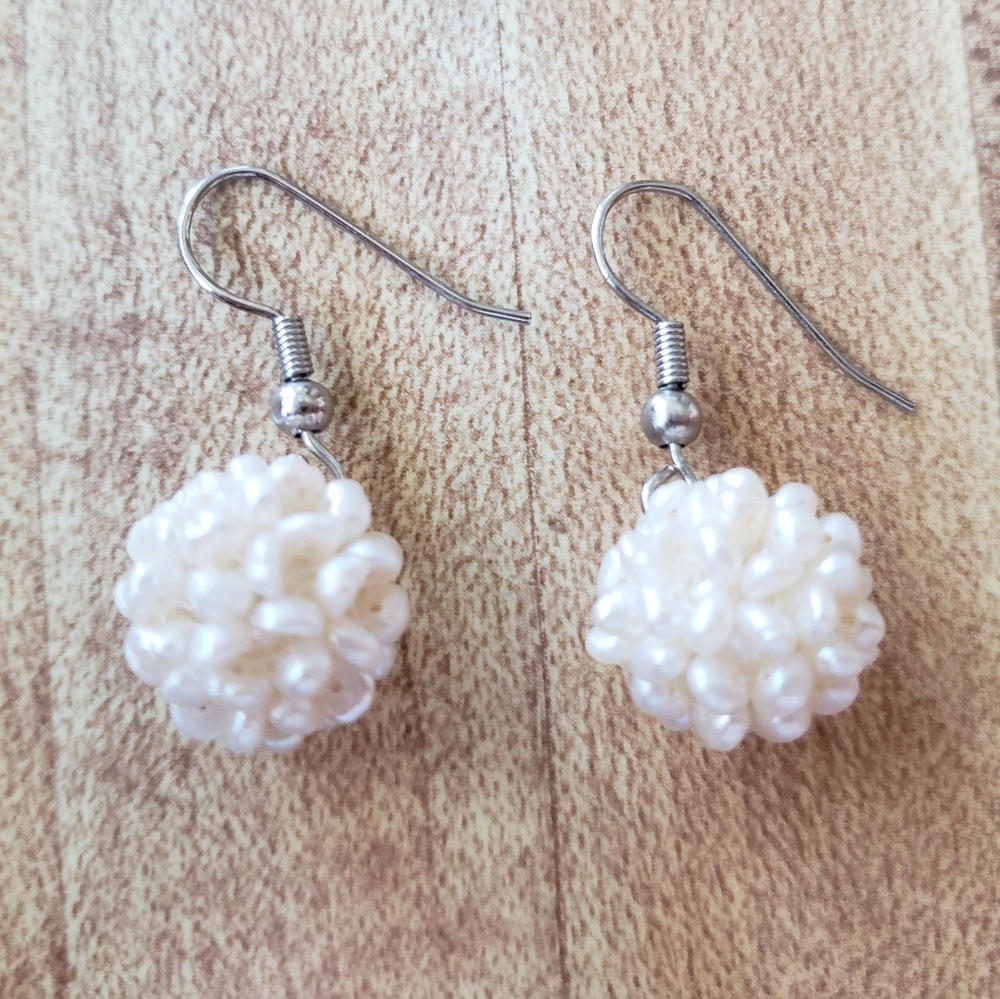 White Beaded Sphere/Ball Earrings Dangle